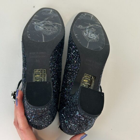 NWT Free People Lana Glitter Block 8 Heels Ankle Strap Blue Black Women's 38 7.5 - Picture 11 of 11